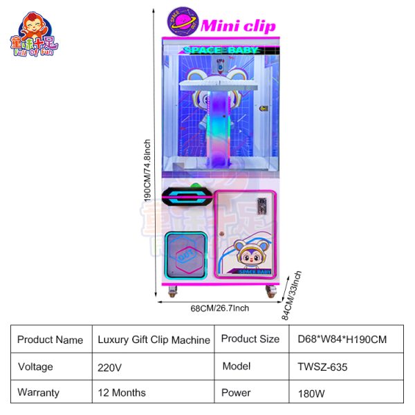 Dual-player Clamp Gift Machine with luxury design, LED lights, and customizable claw settings.