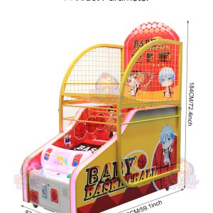 Colorful children's basketball arcade machine with vibrant graphics and sound effects, perfect for kids' entertainment.