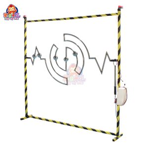 Game machine featuring a complex metal track where players use a ring to navigate without touching the metal, complete with alarms and vibrations for added excitement.