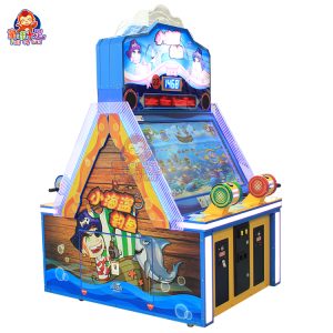 Macchina da gioco di pesca colorata per quattro giocatori, a gettoni, con luci e grafica accattivanti.