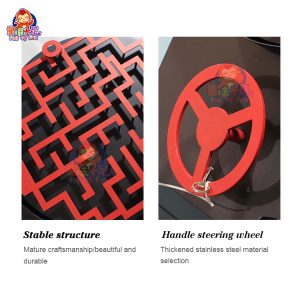 Circular maze game machine where players guide a ball through twists and turns by rotating the disc, creating an engaging challenge.