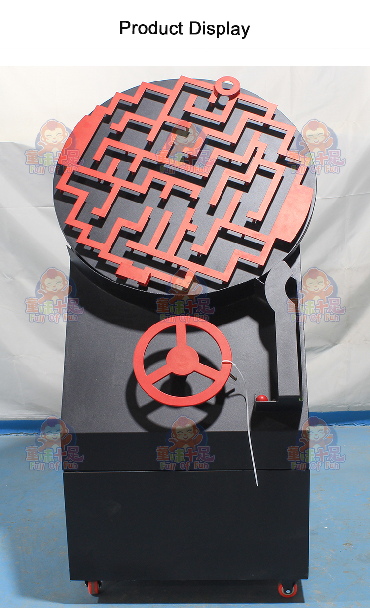 Circular maze game machine where players guide a ball through twists and turns by rotating the disc, creating an engaging challenge.