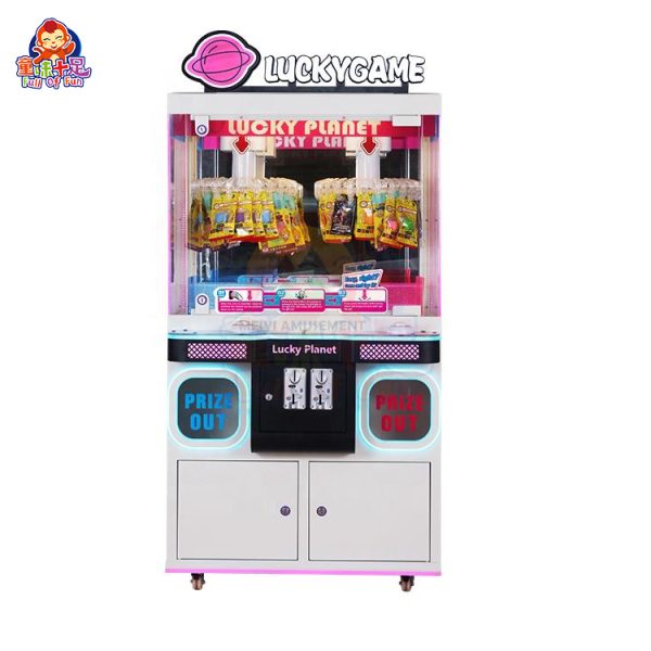 Two-player claw machine with coin operation, sturdy build, and customizable claw settings.