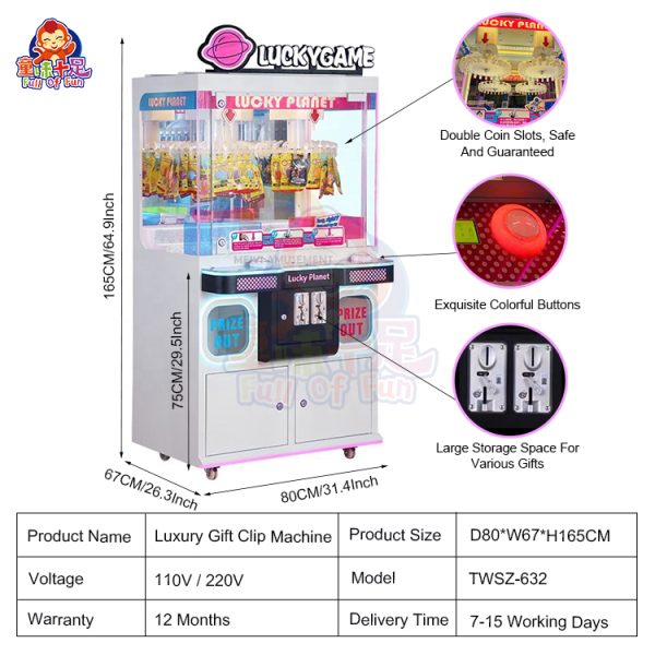 Two-player claw machine with coin operation, sturdy build, and customizable claw settings.