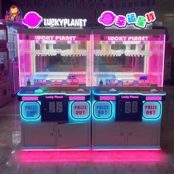 Two-player claw machine with coin operation, sturdy build, and customizable claw settings.