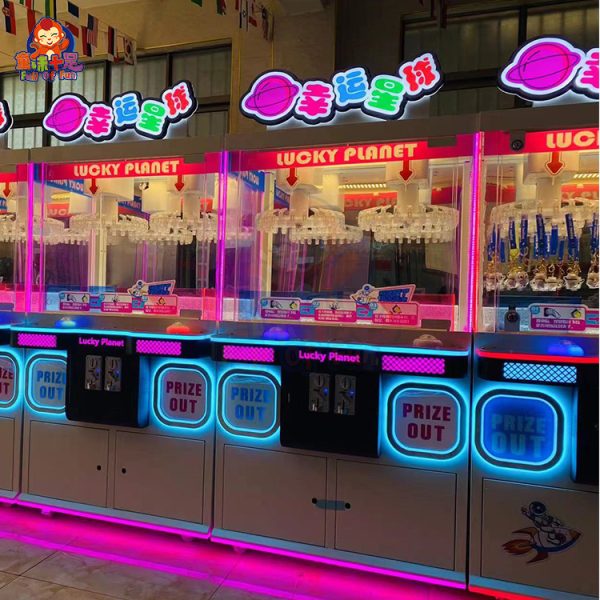 Two-player claw machine with coin operation, sturdy build, and customizable claw settings.