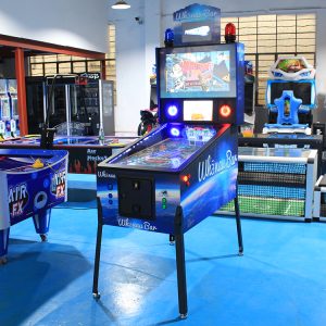 Custom pinball machine with ultra-high-definition LED screens and dynamic RGB lighting, designed for arcade and entertainment venues.