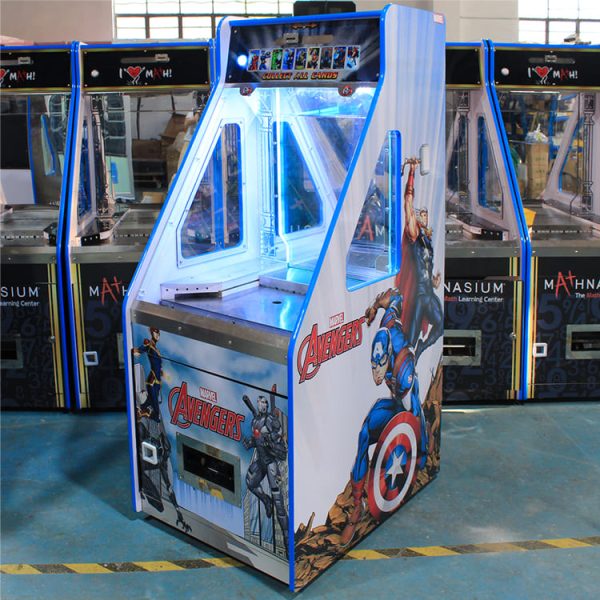 Avengers-themed coin pusher game machine with LED lights and character visuals.
