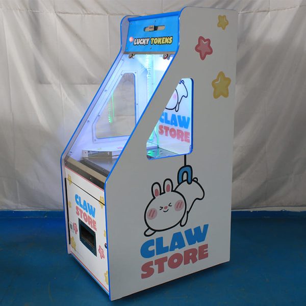 White cute arcade coin pusher machine with LED lights and coin slots