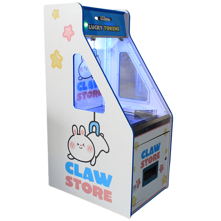 White cute arcade coin pusher machine with LED lights and coin slots