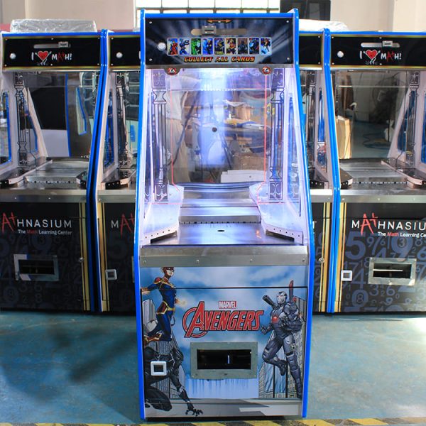 Avengers-themed coin pusher game machine with LED lights and character visuals.