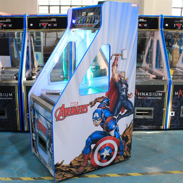 Avengers-themed coin pusher game machine with LED lights and character visuals.