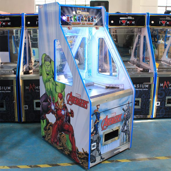 Avengers-themed coin pusher game machine with LED lights and character visuals.
