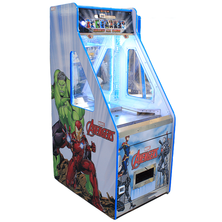 Avengers-themed coin pusher game machine with LED lights and character visuals.