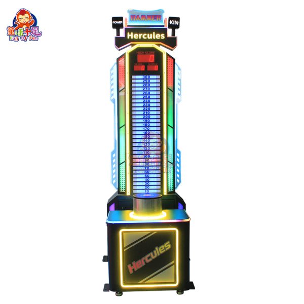 A colorful coin-operated interactive hammer arcade game machine designed for arcades and amusement parks. Features a strength-testing mechanism, bright LED scoreboard, vivid lighting, and sound effects. Built with a sturdy frame for high-traffic entertainment venues.