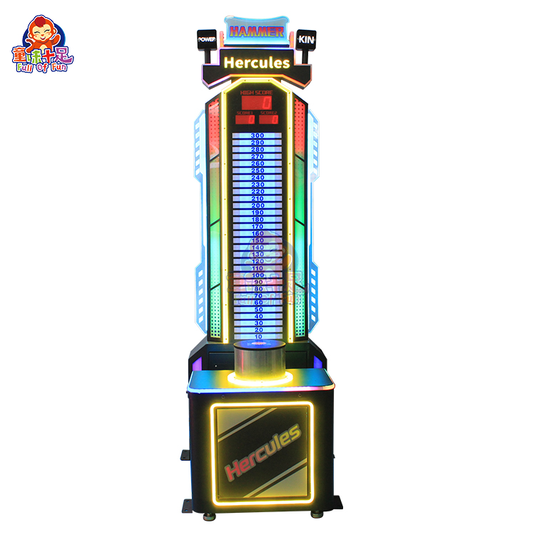 A colorful coin-operated interactive hammer arcade game machine designed for arcades and amusement parks. Features a strength-testing mechanism, bright LED scoreboard, vivid lighting, and sound effects. Built with a sturdy frame for high-traffic entertainment venues.