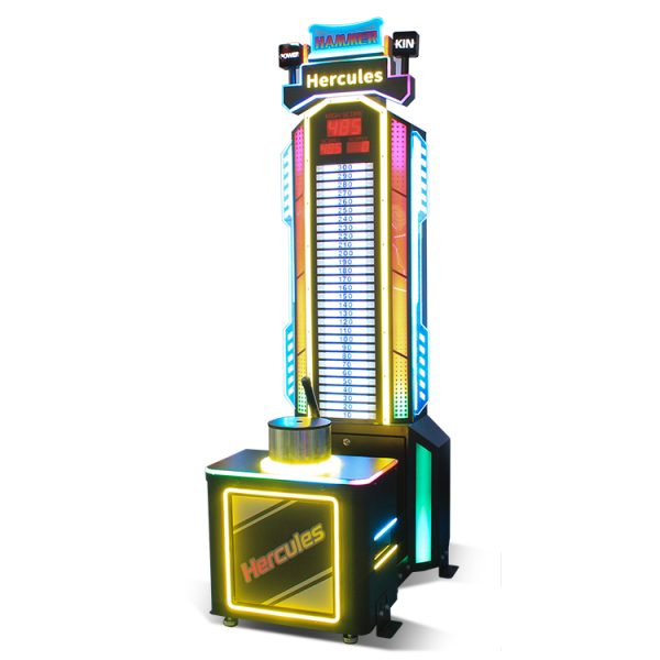 A colorful coin-operated interactive hammer arcade game machine designed for arcades and amusement parks. Features a strength-testing mechanism, bright LED scoreboard, vivid lighting, and sound effects. Built with a sturdy frame for high-traffic entertainment venues.