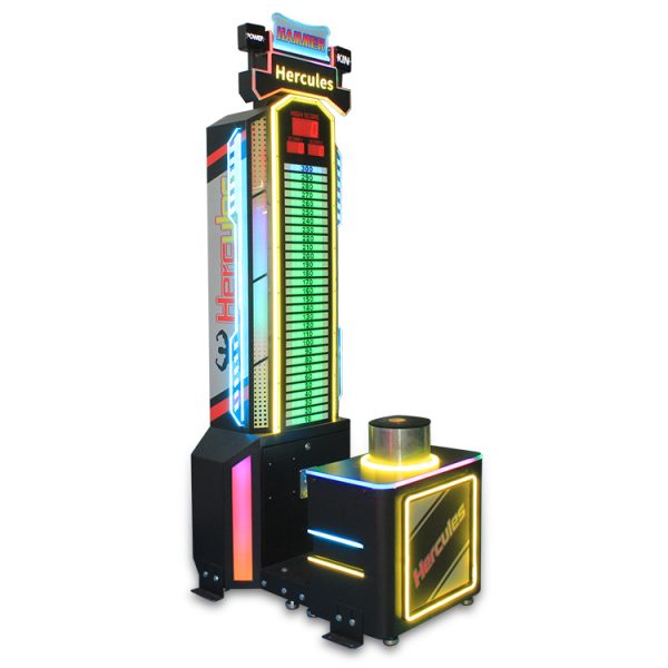 A colorful coin-operated interactive hammer arcade game machine designed for arcades and amusement parks. Features a strength-testing mechanism, bright LED scoreboard, vivid lighting, and sound effects. Built with a sturdy frame for high-traffic entertainment venues.