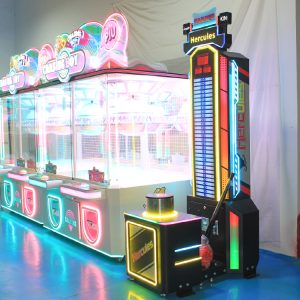 A colorful coin-operated interactive hammer arcade game machine designed for arcades and amusement parks. Features a strength-testing mechanism, bright LED scoreboard, vivid lighting, and sound effects. Built with a sturdy frame for high-traffic entertainment venues.