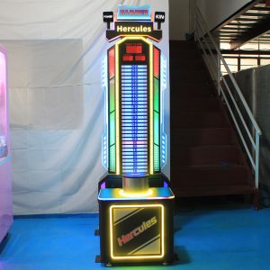 A colorful coin-operated interactive hammer arcade game machine designed for arcades and amusement parks. Features a strength-testing mechanism, bright LED scoreboard, vivid lighting, and sound effects. Built with a sturdy frame for high-traffic entertainment venues.