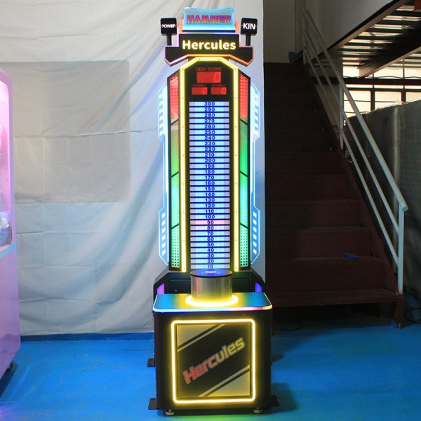 A colorful coin-operated interactive hammer arcade game machine designed for arcades and amusement parks. Features a strength-testing mechanism, bright LED scoreboard, vivid lighting, and sound effects. Built with a sturdy frame for high-traffic entertainment venues.