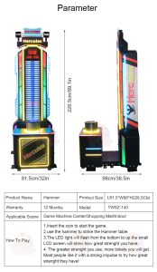 A colorful coin-operated interactive hammer arcade game machine designed for arcades and amusement parks. Features a strength-testing mechanism, bright LED scoreboard, vivid lighting, and sound effects. Built with a sturdy frame for high-traffic entertainment venues.