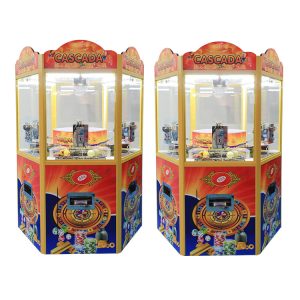 6-player arcade coin pusher machine with LED lights and multiple play stations