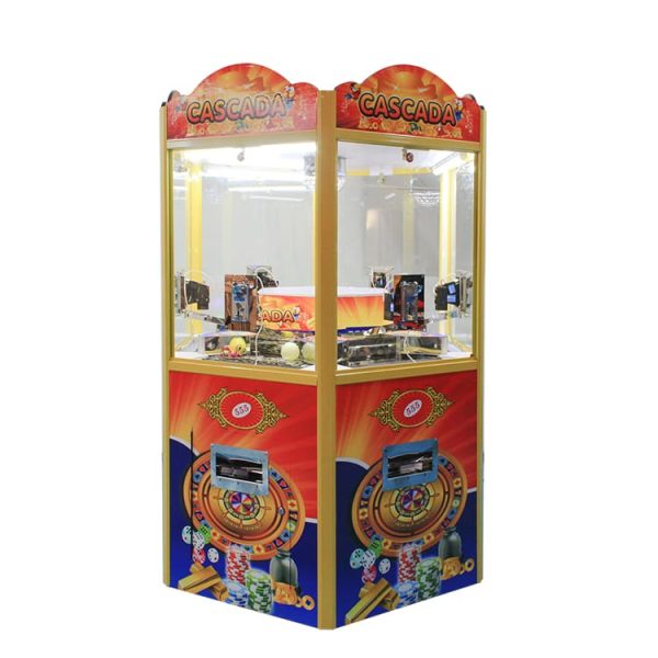 6-player arcade coin pusher machine with LED lights and multiple play stations
