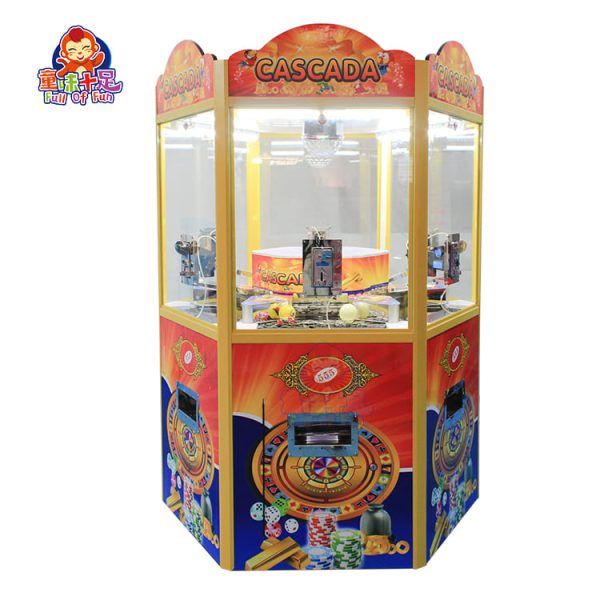 6-player arcade coin pusher machine with LED lights and multiple play stations