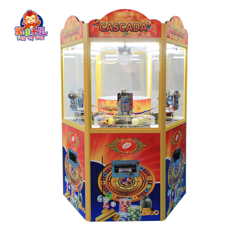 6-player arcade coin pusher machine with LED lights and multiple play stations