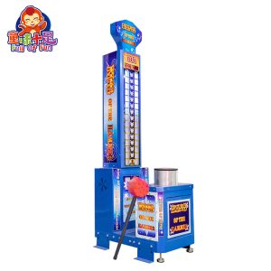 Coin-operated hammer hitting game machine with sturdy frame and digital score display, perfect for arcades and game zones
