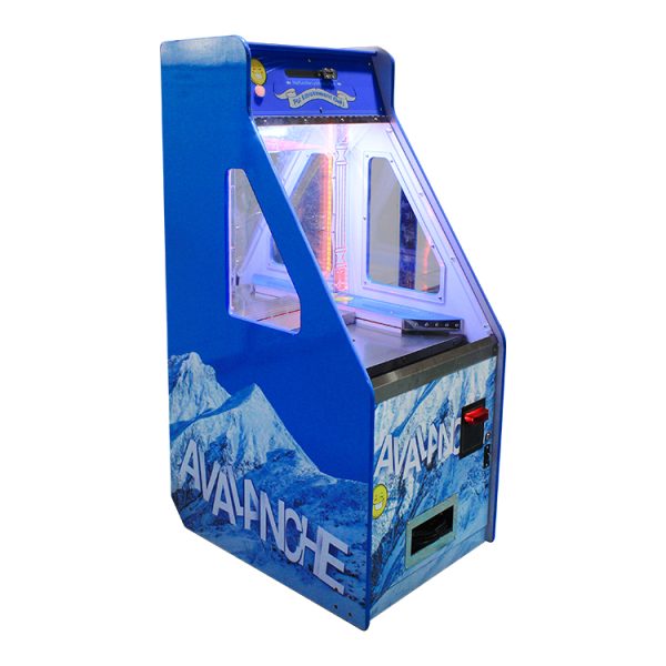 Avalanche coin pusher arcade machine with colorful lights and prize drop features for malls, arcades, and entertainment venues.