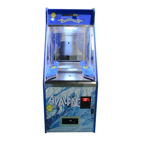 Avalanche coin pusher arcade machine with colorful lights and prize drop features for malls, arcades, and entertainment venues.