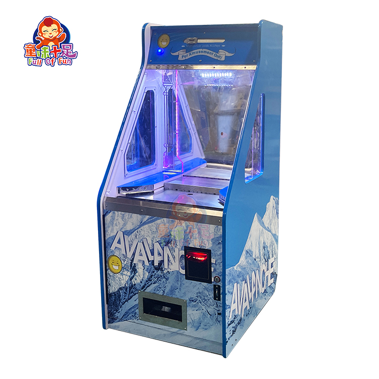 Avalanche coin pusher arcade machine with colorful lights and prize drop features for malls, arcades, and entertainment venues.