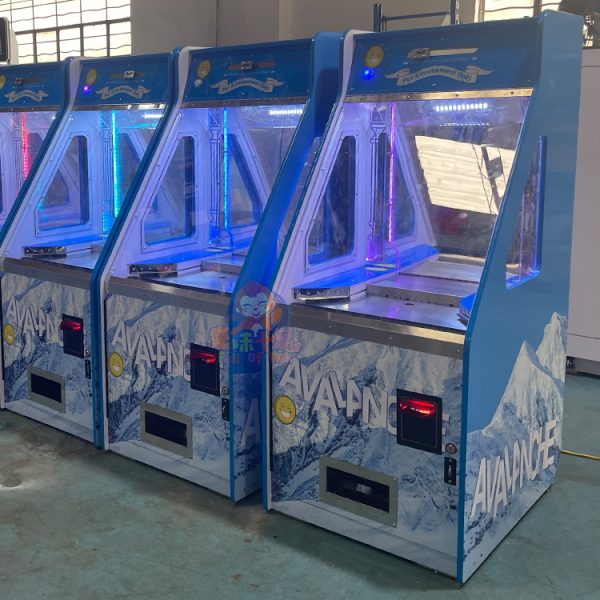 Avalanche coin pusher arcade machine with colorful lights and prize drop features for malls, arcades, and entertainment venues.