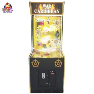 海賊をテーマにした、鮮やかなLED照明を備えた、シングルプレイヤー用アーケード型コインプッシャーゲーム「ウォー・オブ・ザ・カリビアン」。