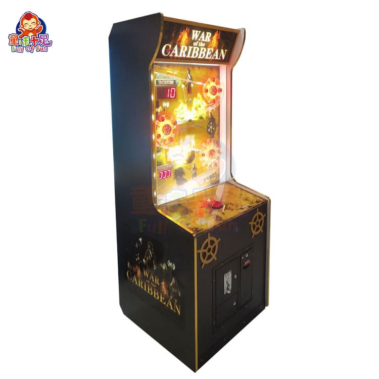 War Of The Caribbean single-player arcade coin pusher with pirate theme and vibrant LED lighting.