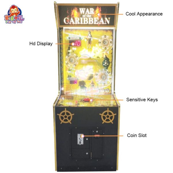 War Of The Caribbean single-player arcade coin pusher with pirate theme and vibrant LED lighting.