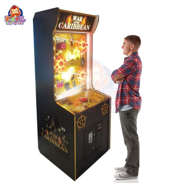 War Of The Caribbean single-player arcade coin pusher with pirate theme and vibrant LED lighting.