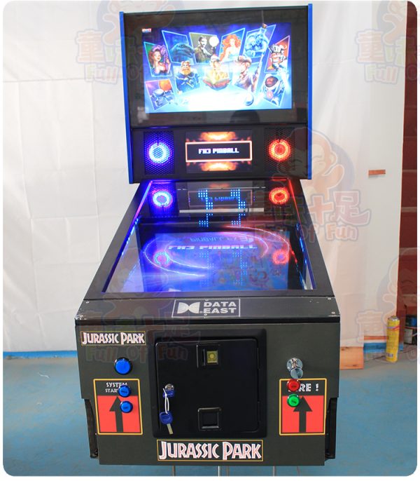 Custom pinball machine with ultra-high-definition LED screens and dynamic RGB lighting, designed for arcade and entertainment venues.