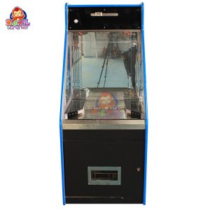 Black arcade coin pusher machine with sleek design and LED lights