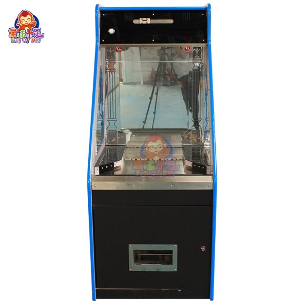 Black arcade coin pusher machine with sleek design and LED lights