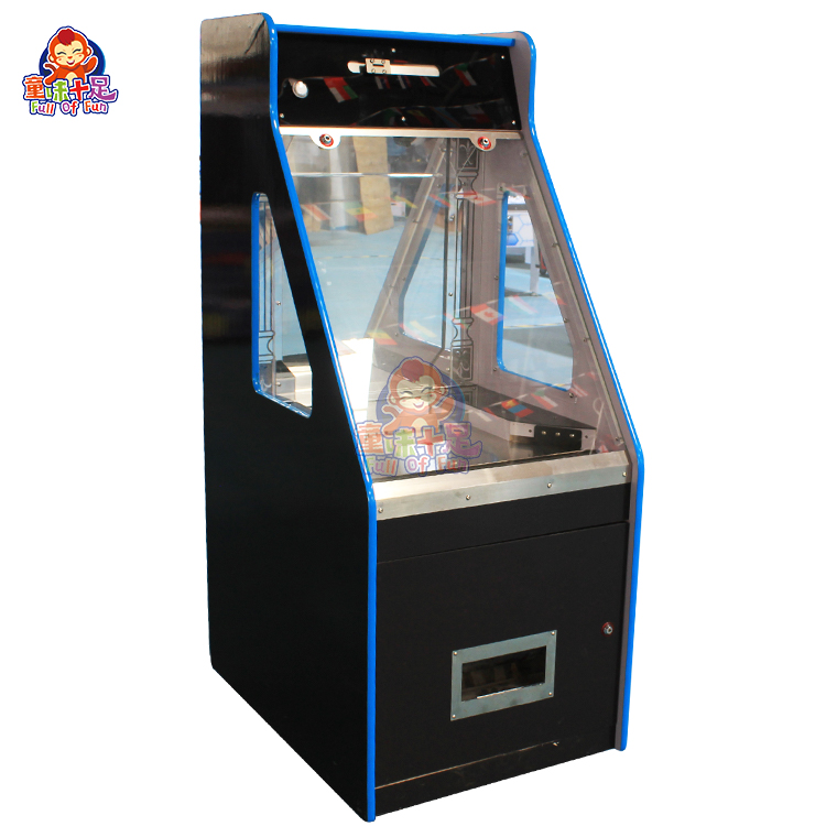 Black arcade coin pusher machine with sleek design and LED lights