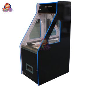 Black arcade coin pusher machine with sleek design and LED lights