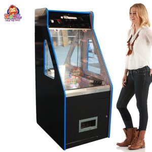 Black arcade coin pusher machine with sleek design and LED lights