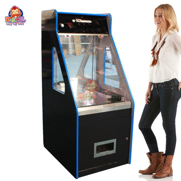 Black arcade coin pusher machine with sleek design and LED lights