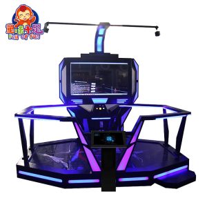 Black Eight-sided VR Arcade Game Machine with HTC Vive Headset, Motion Platform, and Immersive Virtual Reality Experience