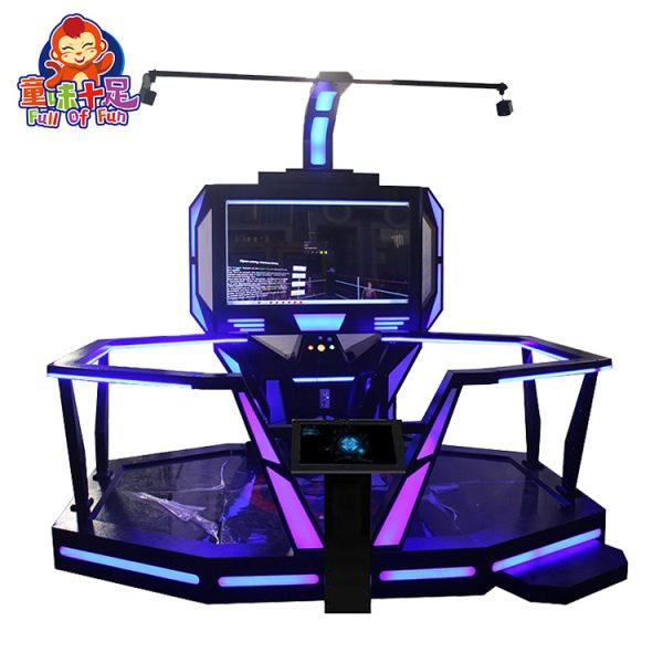 Black Eight-sided VR Arcade Game Machine with HTC Vive Headset, Motion Platform, and Immersive Virtual Reality Experience