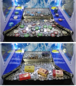 Snow Mountain-themed arcade coin pusher machine with icy graphics, LED lights, and single-player gameplay.
