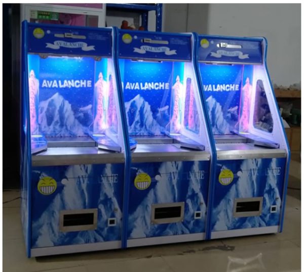 Snow Mountain-themed arcade coin pusher machine with icy graphics, LED lights, and single-player gameplay.